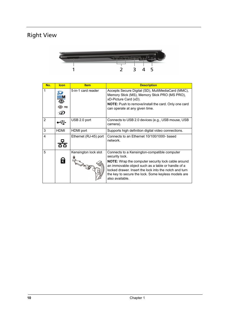 Right view | Acer 3810TZ User Manual | Page 16 / 100