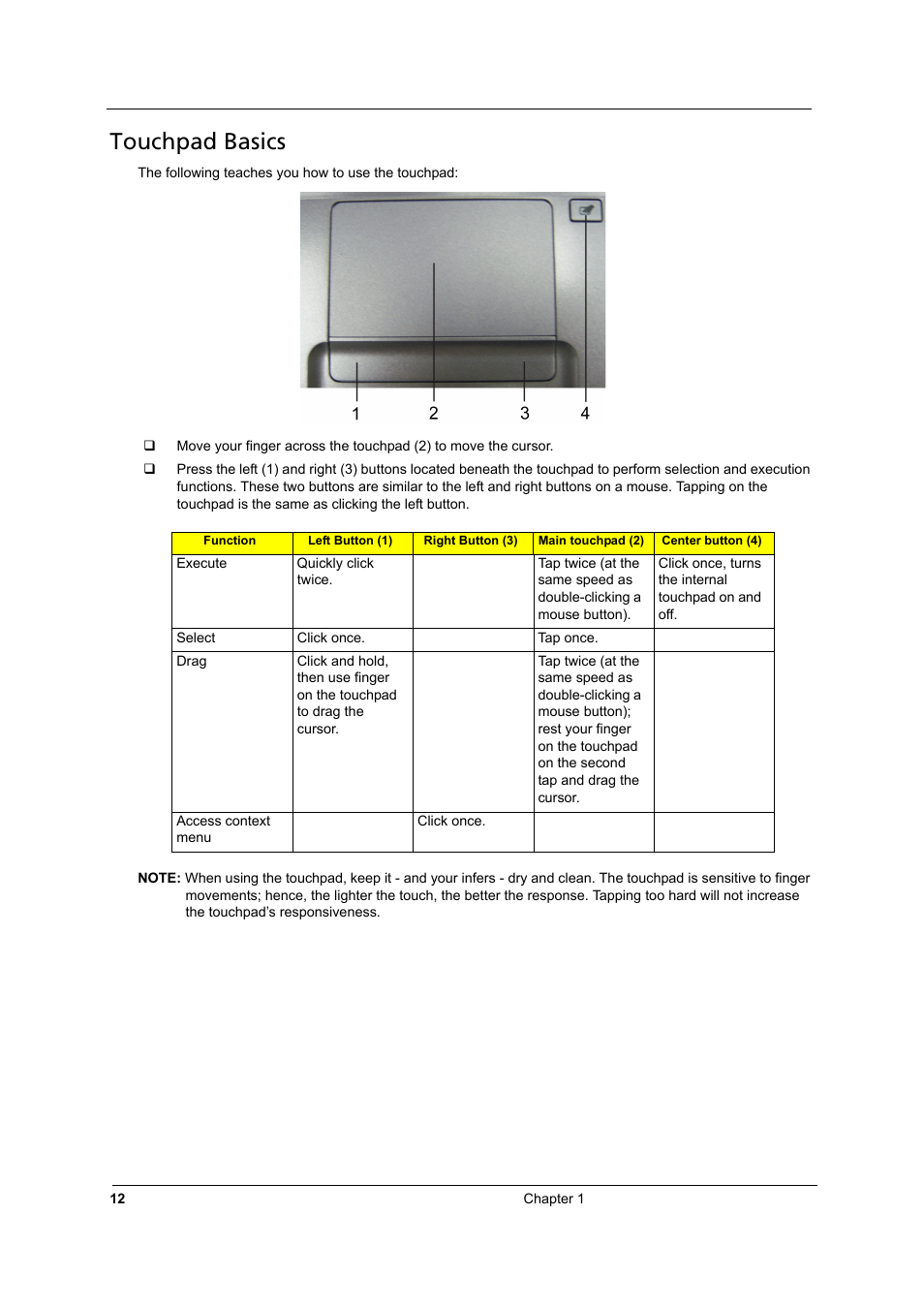 Touchpad basics | Acer 3810TZ User Manual | Page 18 / 100