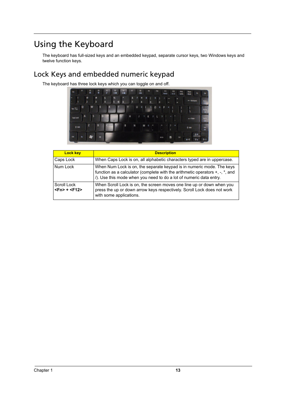 Using the keyboard, Lock keys and embedded numeric keypad | Acer 3810TZ User Manual | Page 19 / 100