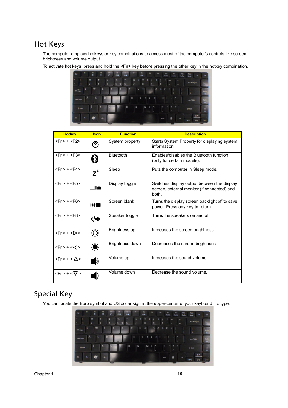 Hot keys, Special key | Acer 3810TZ User Manual | Page 21 / 100