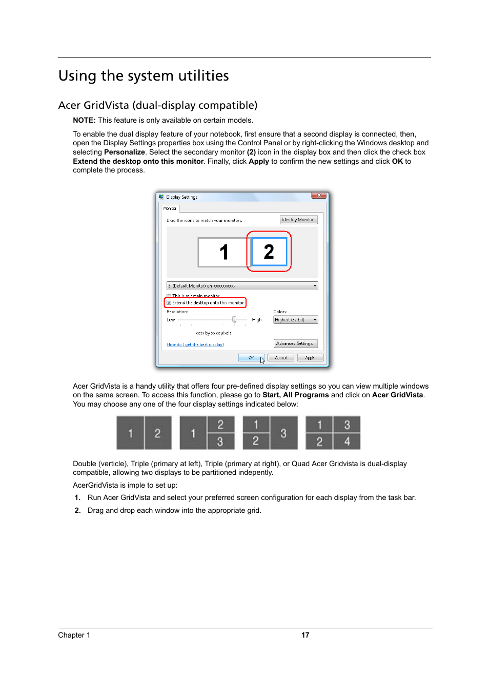 Using the system utilities, Acer gridvista (dual-display compatible) | Acer 3810TZ User Manual | Page 23 / 100