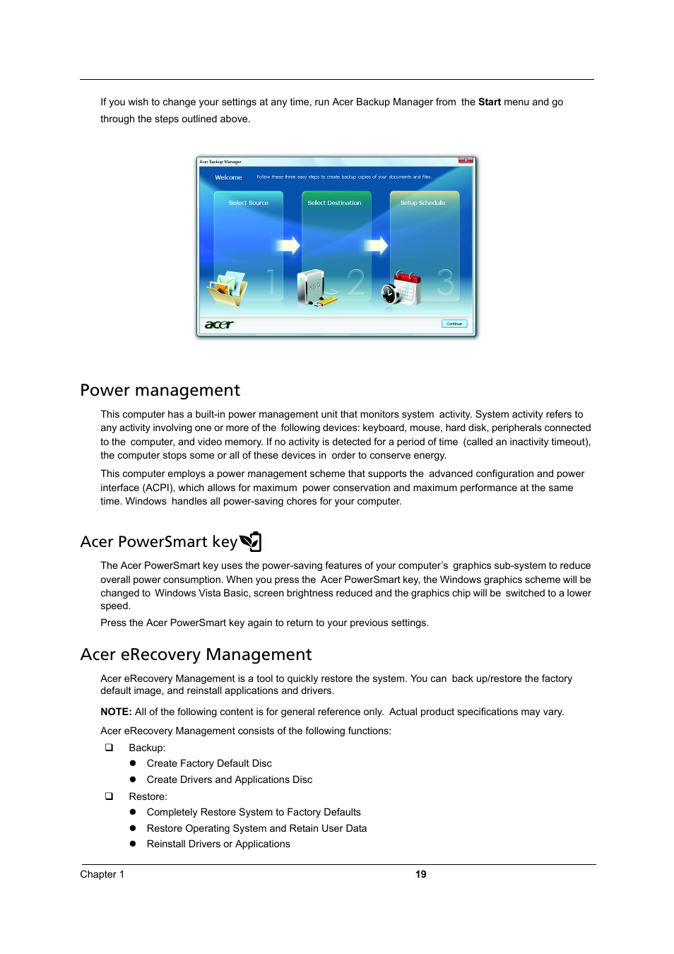 Power management, Acer erecovery management, Acer powersmart key | Acer 3810TZ User Manual | Page 25 / 100