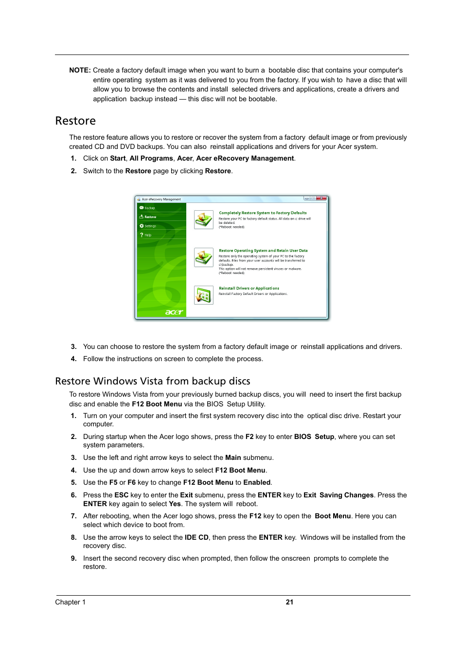 Restore, Restore windows vista from backup discs | Acer 3810TZ User Manual | Page 27 / 100