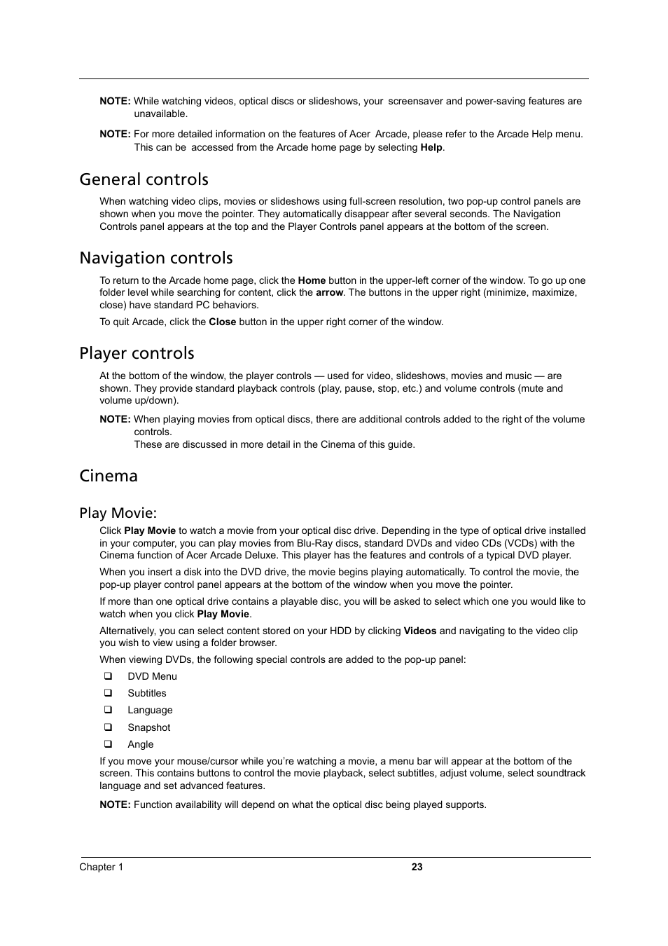 General controls, Navigation controls, Player controls | Cinema, Play movie | Acer 3810TZ User Manual | Page 29 / 100