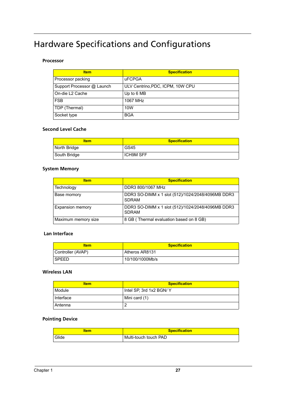 Hardware specifications and configurations | Acer 3810TZ User Manual | Page 33 / 100