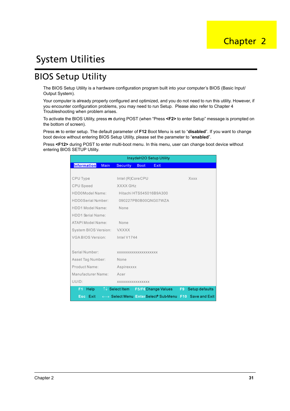 System utilities, Bios setup utility, Chapter 2 | Acer 3810TZ User Manual | Page 37 / 100