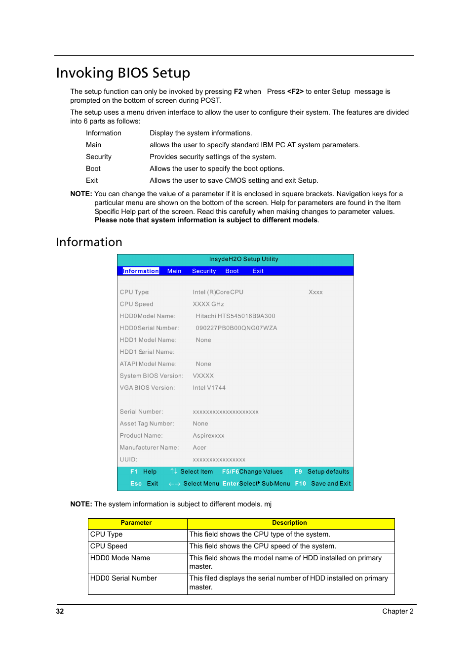 Invoking bios setup, Information | Acer 3810TZ User Manual | Page 38 / 100