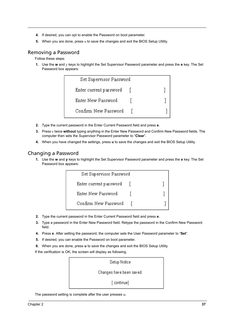 Removing a password, Changing a password | Acer 3810TZ User Manual | Page 43 / 100