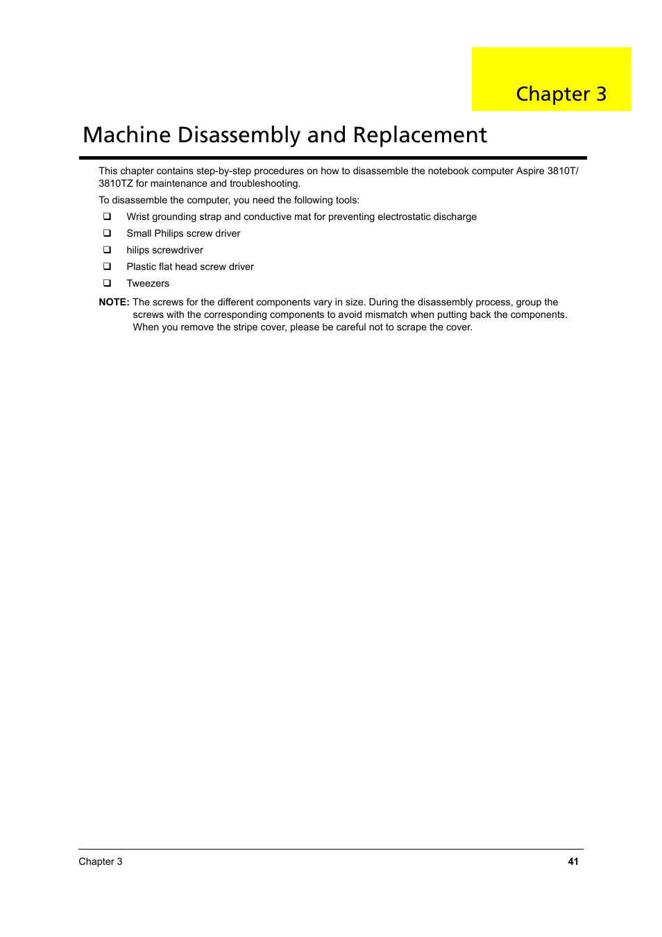 Machine disassembly and replacement, Chapter 3 | Acer 3810TZ User Manual | Page 47 / 100