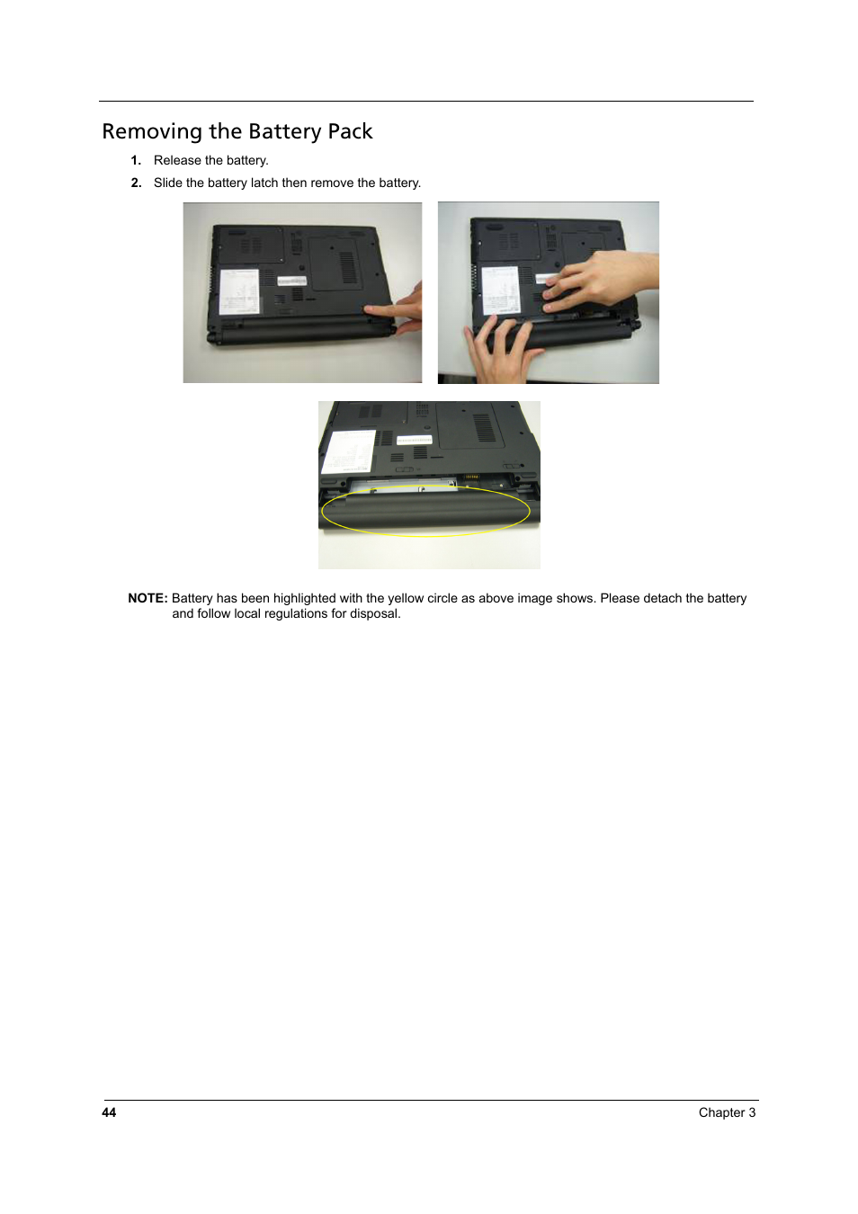 Removing the battery pack | Acer 3810TZ User Manual | Page 50 / 100