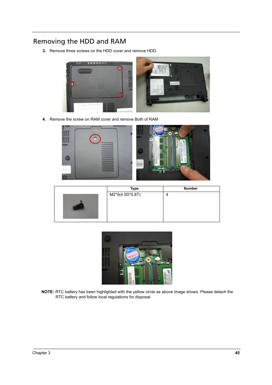 Removing the hdd and ram | Acer 3810TZ User Manual | Page 51 / 100