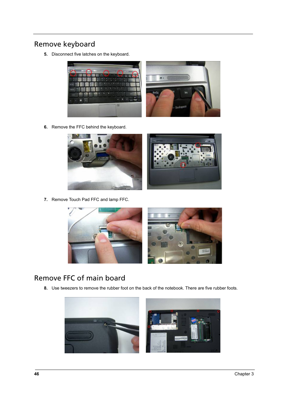 Remove keyboard, Remove ffc of main board | Acer 3810TZ User Manual | Page 52 / 100