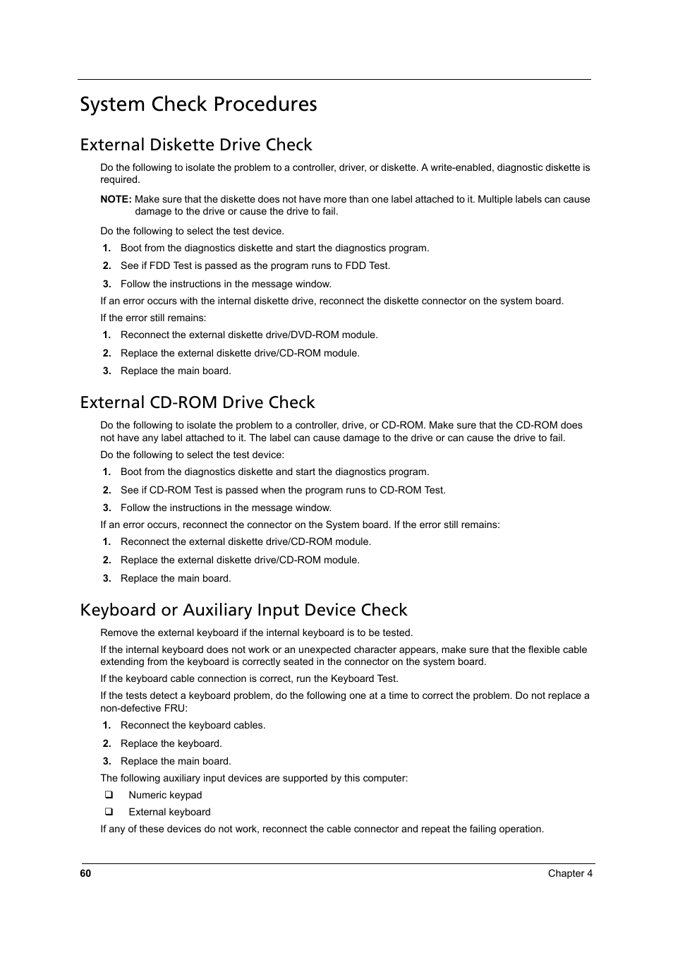 System check procedures, External diskette drive check, External cd-rom drive check | Keyboard or auxiliary input device check | Acer 3810TZ User Manual | Page 66 / 100