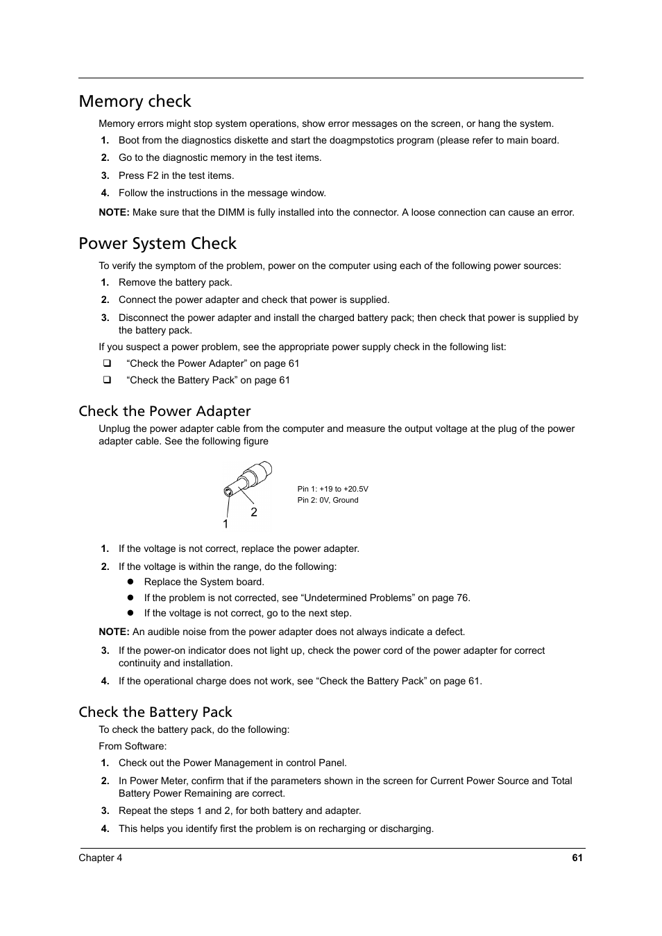 Power system check, Check the power adapter, Check the battery pack | Acer 3810TZ User Manual | Page 67 / 100