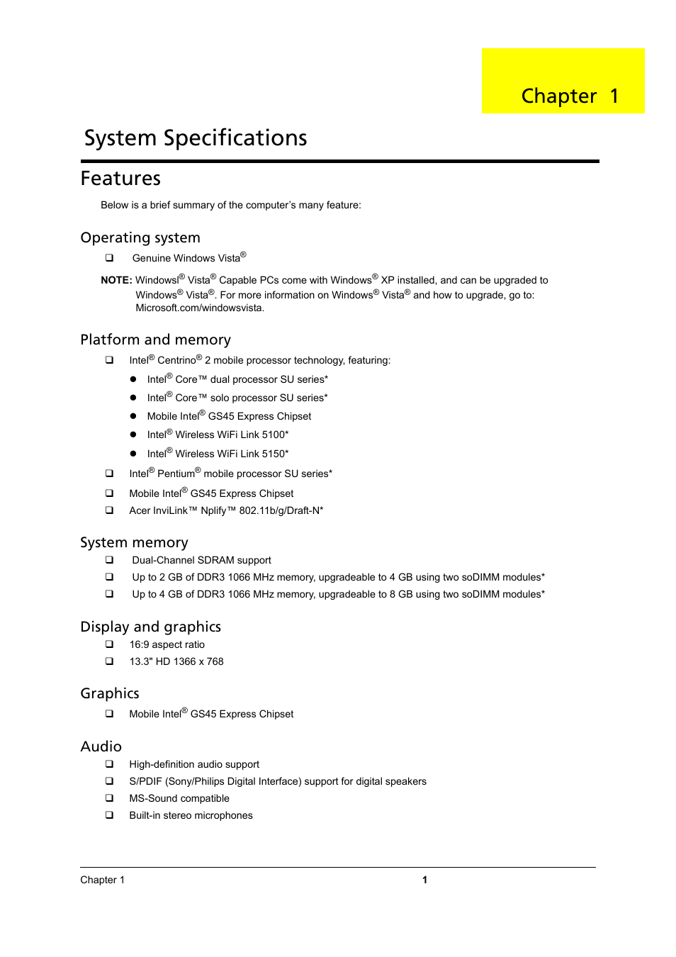System specifications, Features, Chapter 1 | Operating system, Display and graphics, Graphics, Audio | Acer 3810TZ User Manual | Page 7 / 100