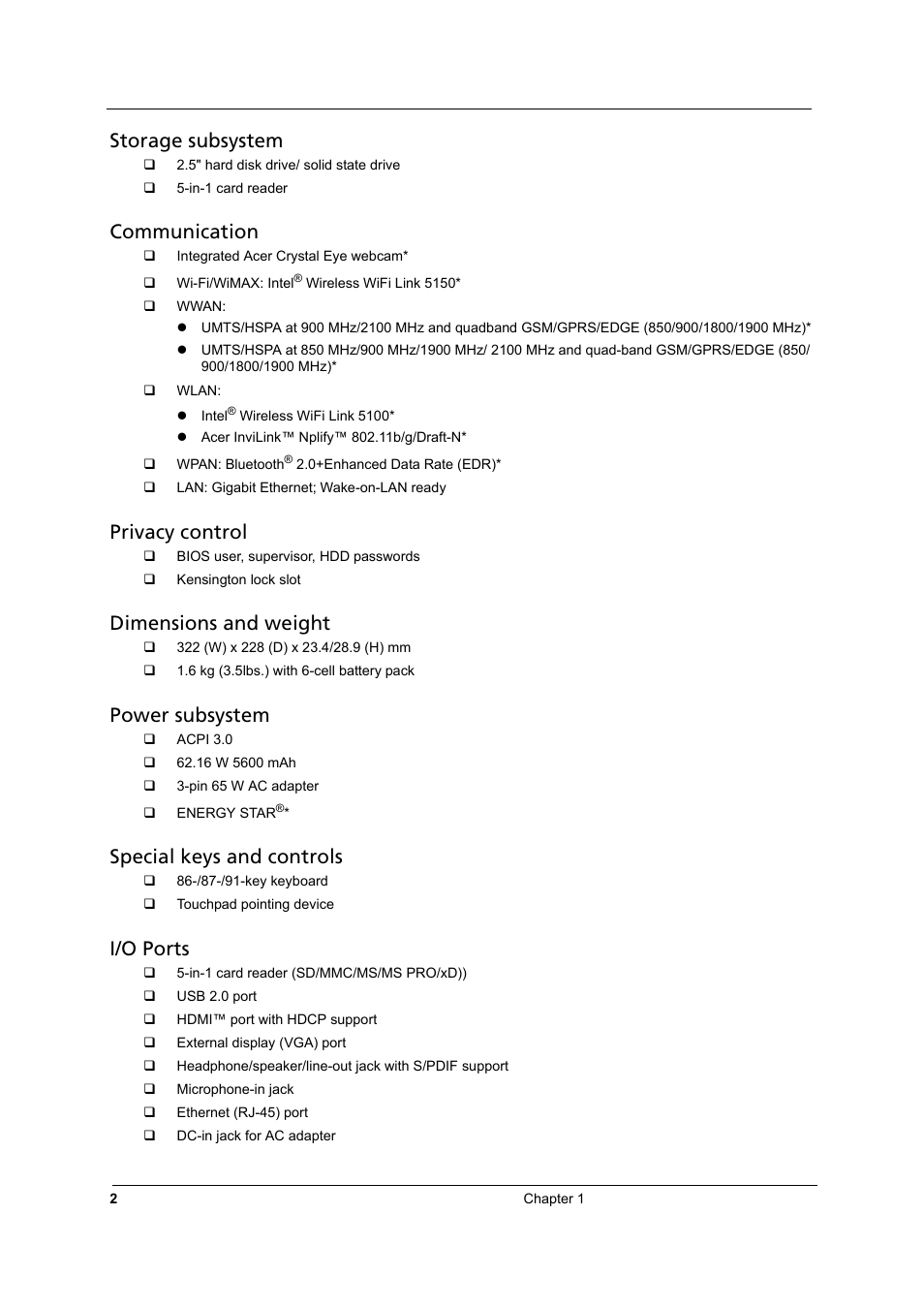 Storage subsystem, Communication, Privacy control | Dimensions and weight, Power subsystem, Special keys and controls, I/o ports | Acer 3810TZ User Manual | Page 8 / 100