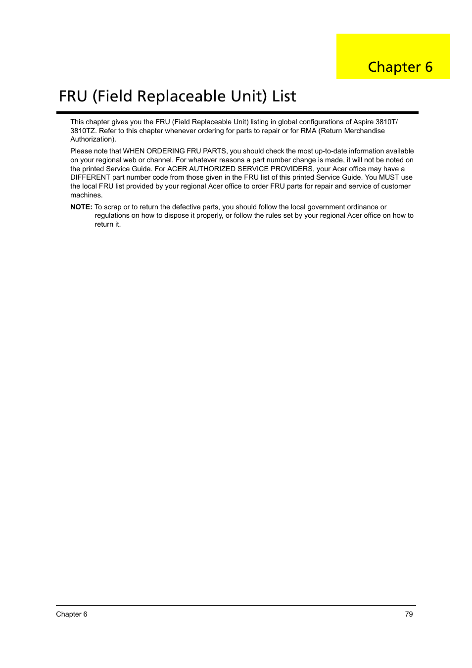 Fru (field replaceable unit) list, Chapter 6 | Acer 3810TZ User Manual | Page 85 / 100