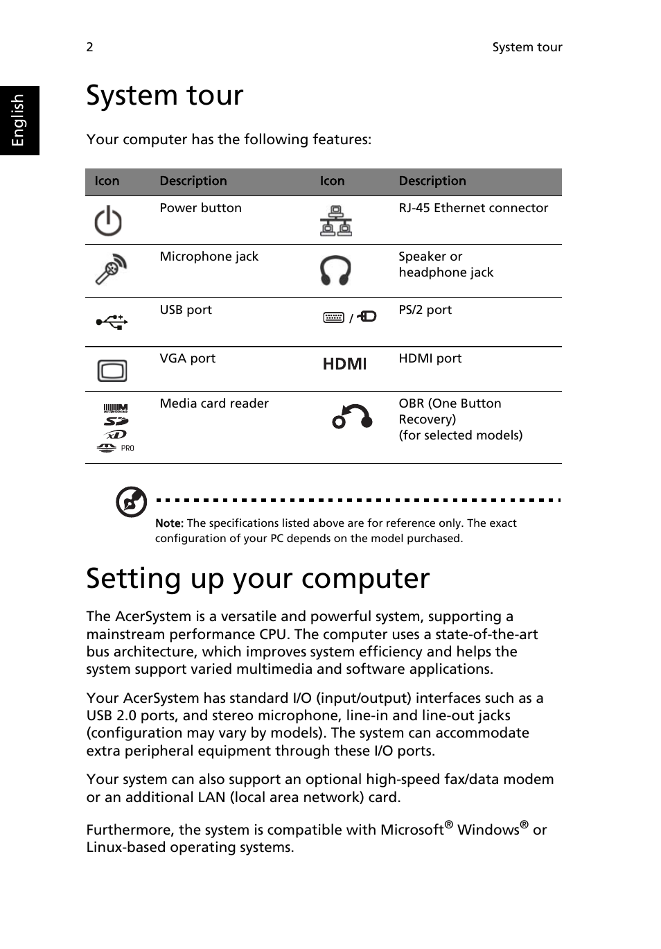 System tour, Setting up your computer | Acer Veriton N260G User Manual | Page 12 / 22