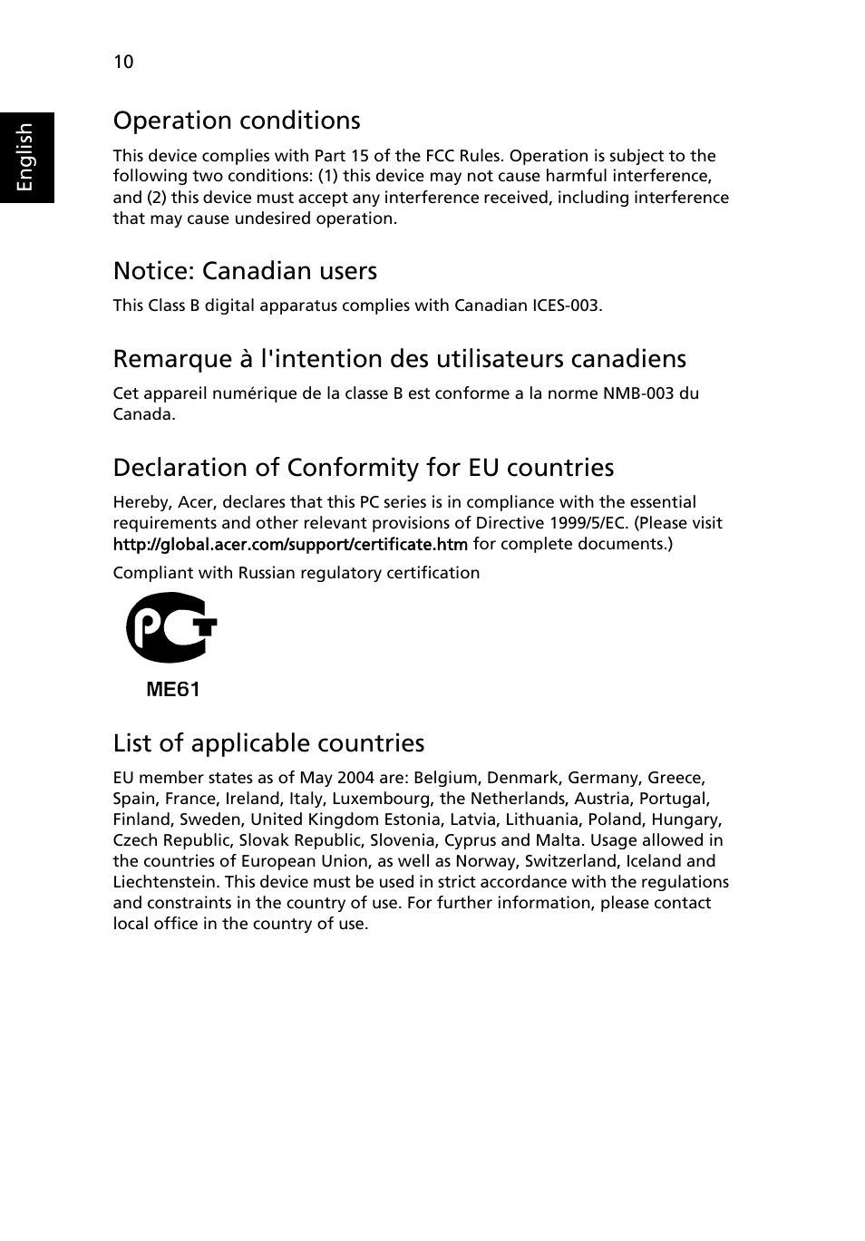 Operation conditions, Notice: canadian users, Remarque à l'intention des utilisateurs canadiens | Declaration of conformity for eu countries, List of applicable countries | Acer Veriton N260G User Manual | Page 20 / 22