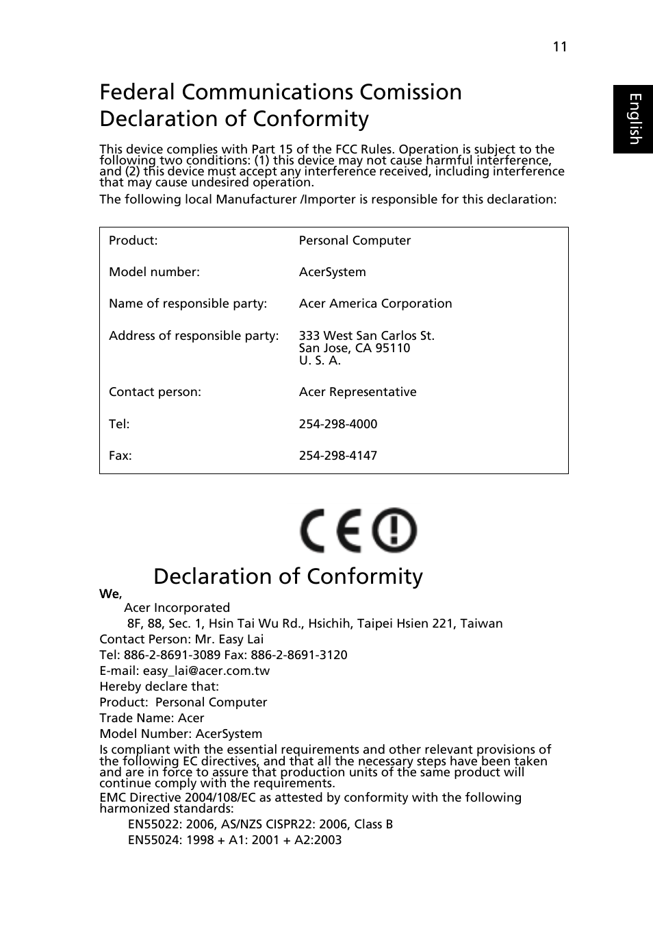 Declaration of conformity | Acer Veriton N260G User Manual | Page 21 / 22