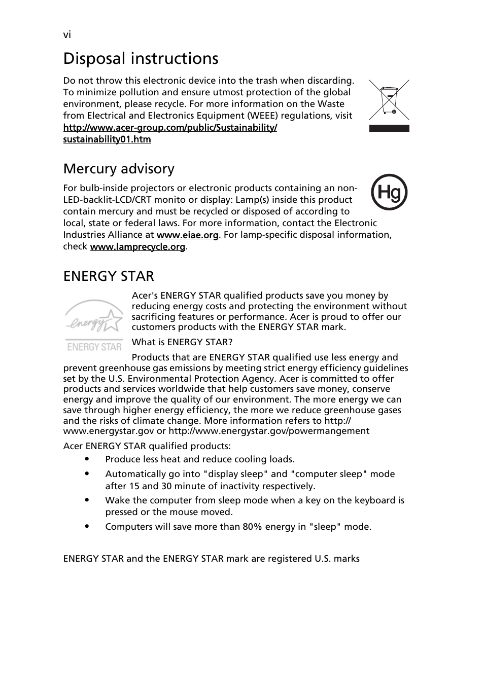 Disposal instructions, Mercury advisory, Energy star | Acer Veriton N260G User Manual | Page 6 / 22
