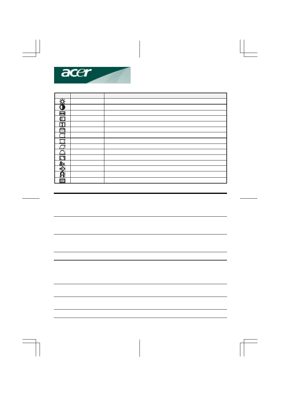 Osd icon summary, Specification | Acer AC 711 User Manual | Page 5 / 7