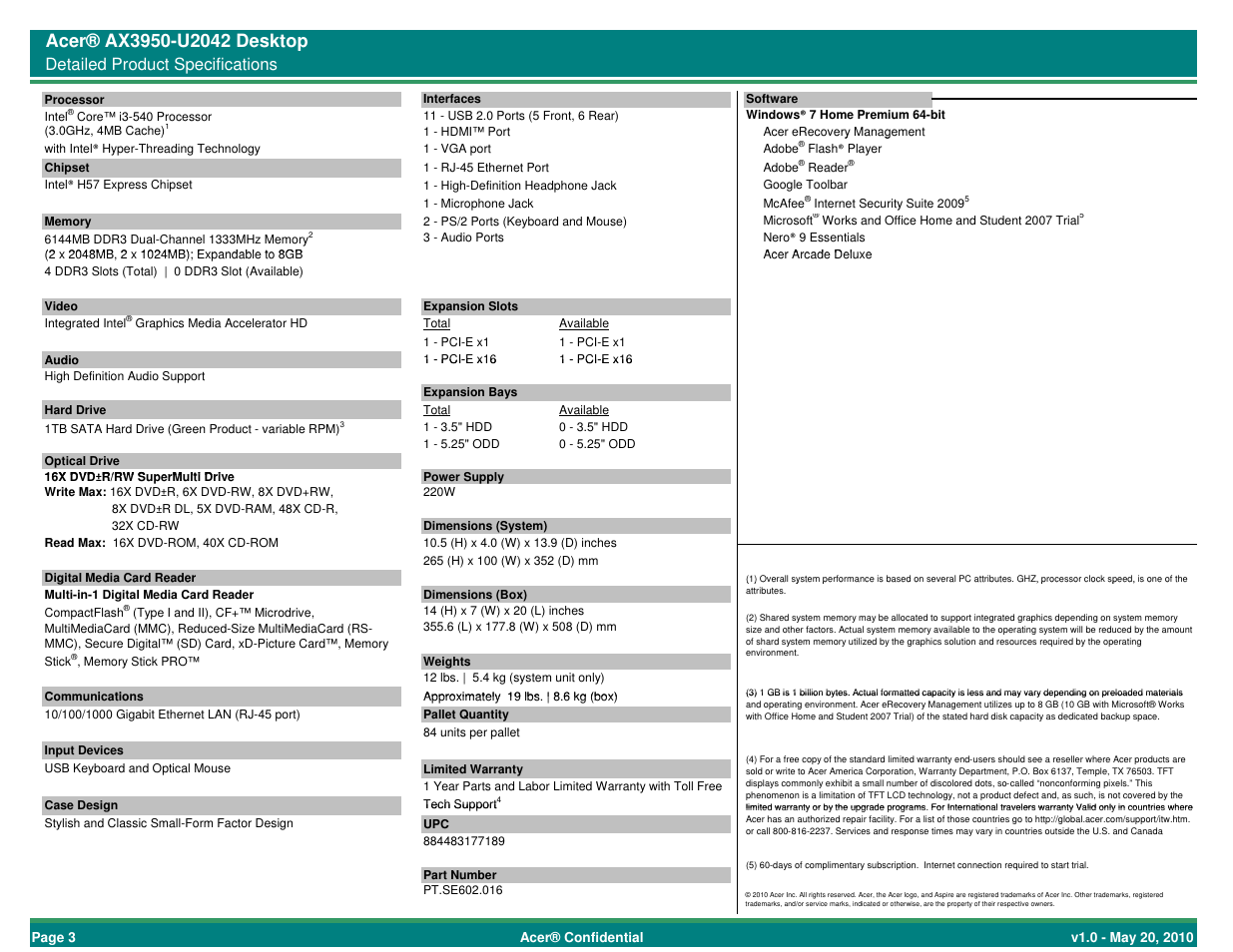 Detailed product specifications | Acer AX3950-U2042 User Manual | Page 3 / 3