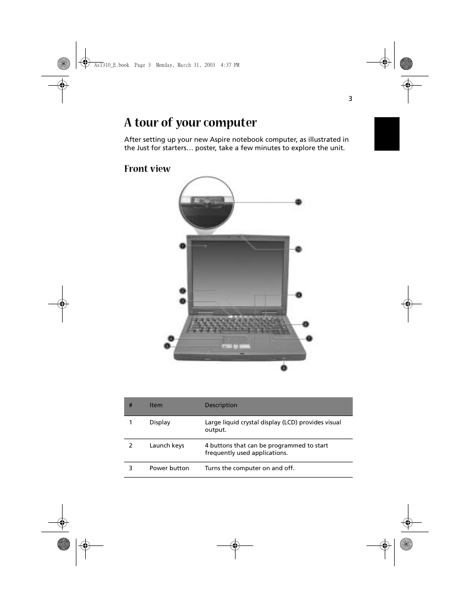 A tour of your computer, Front view | Acer 1400 Series User Manual | Page 13 / 100
