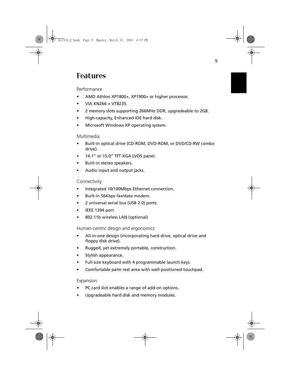 Features | Acer 1400 Series User Manual | Page 19 / 100