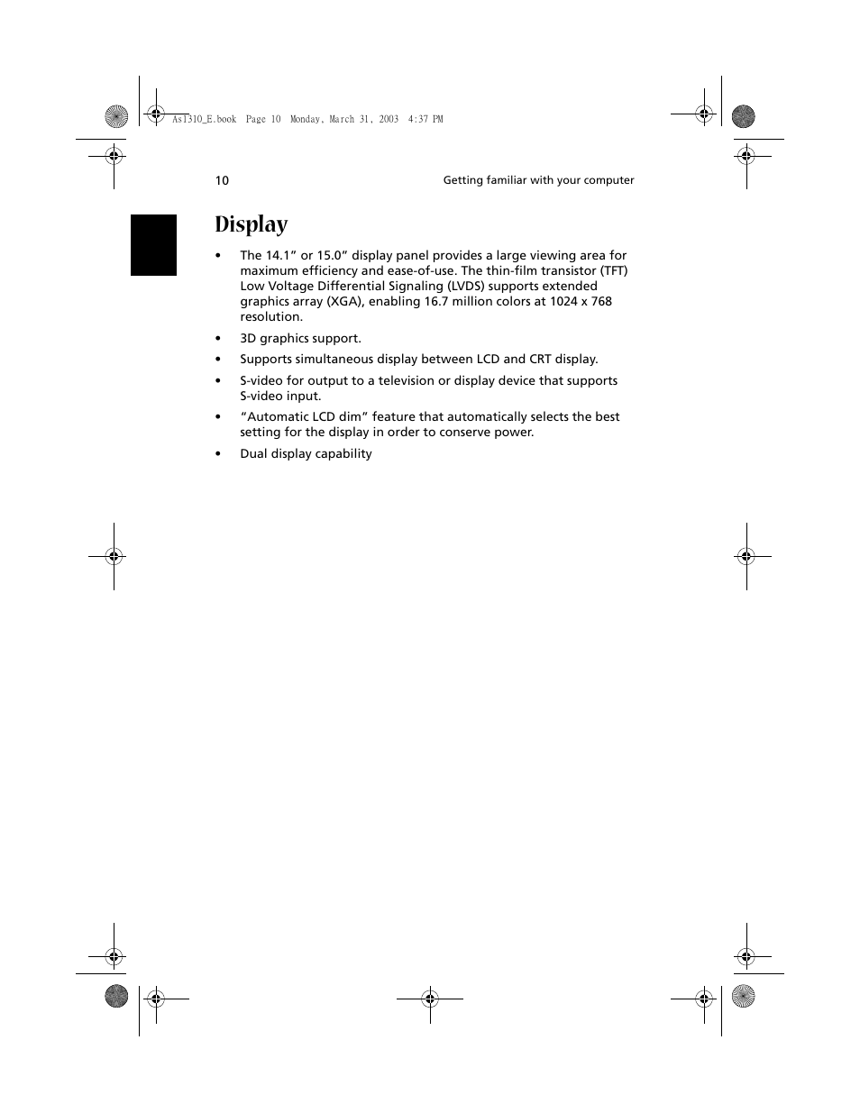 Display | Acer 1400 Series User Manual | Page 20 / 100