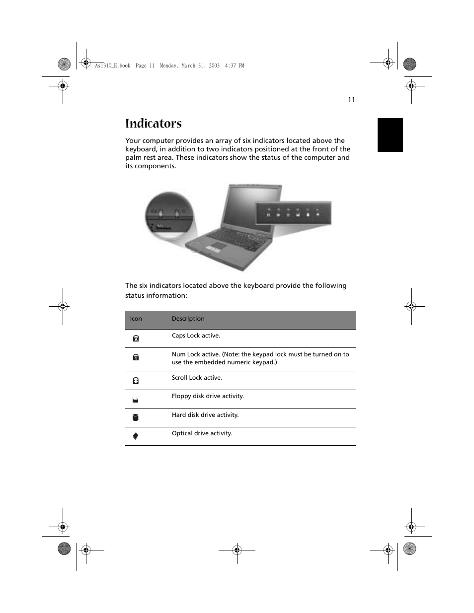 Indicators | Acer 1400 Series User Manual | Page 21 / 100