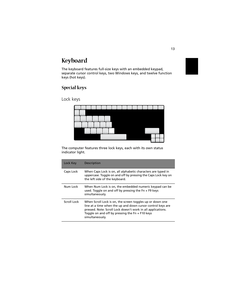 Keyboard, Special keys, Lock keys | Acer 1400 Series User Manual | Page 23 / 100
