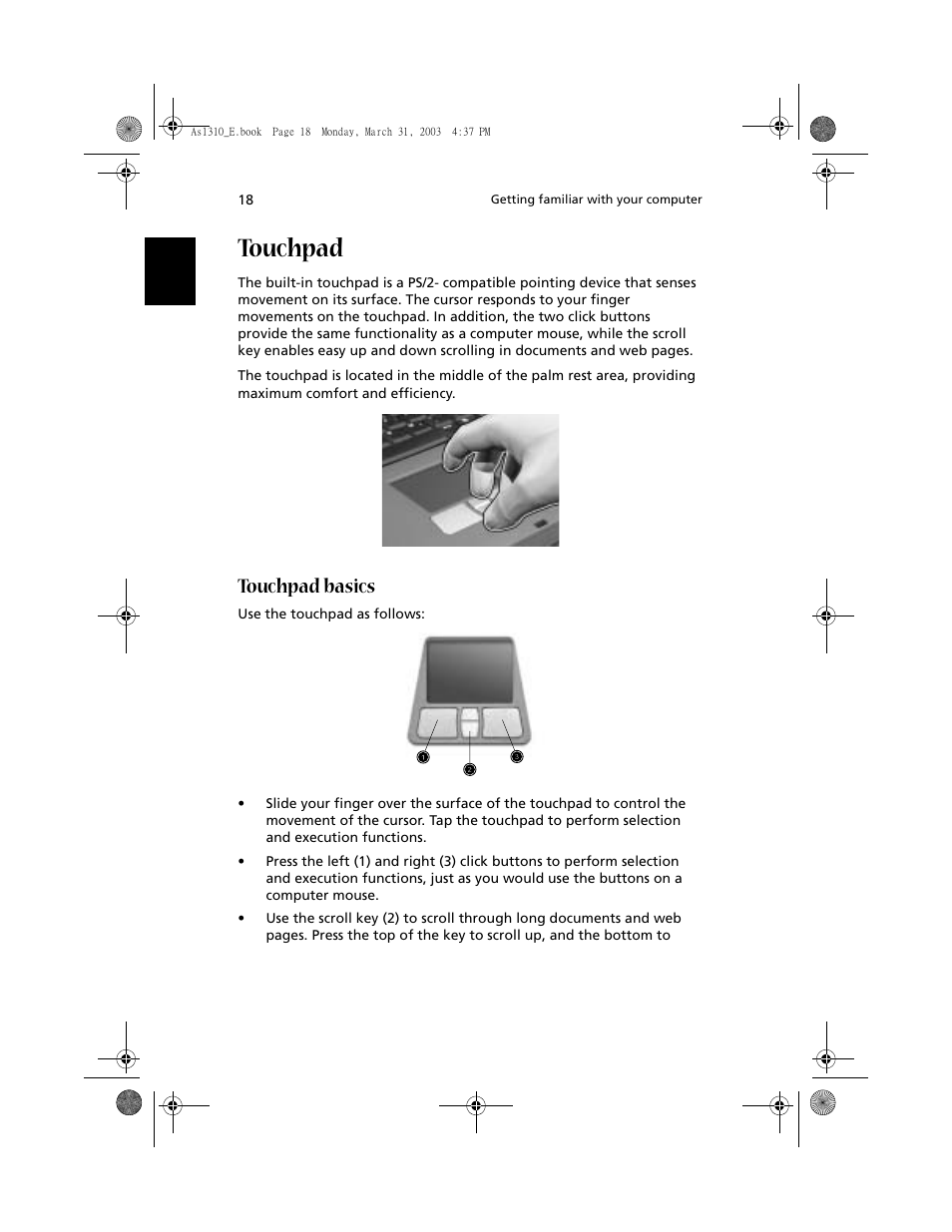 Touchpad, Touchpad basics | Acer 1400 Series User Manual | Page 28 / 100