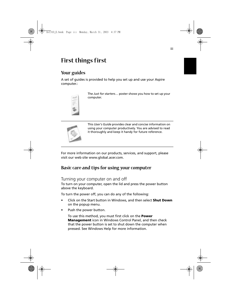 First things first, Your guides, Basic care and tips for using your computer | Acer 1400 Series User Manual | Page 3 / 100