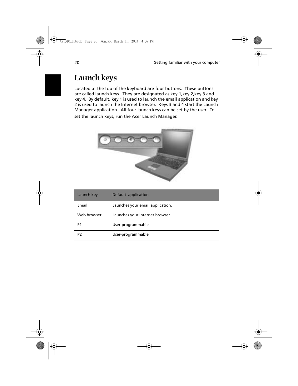 Launch keys | Acer 1400 Series User Manual | Page 30 / 100