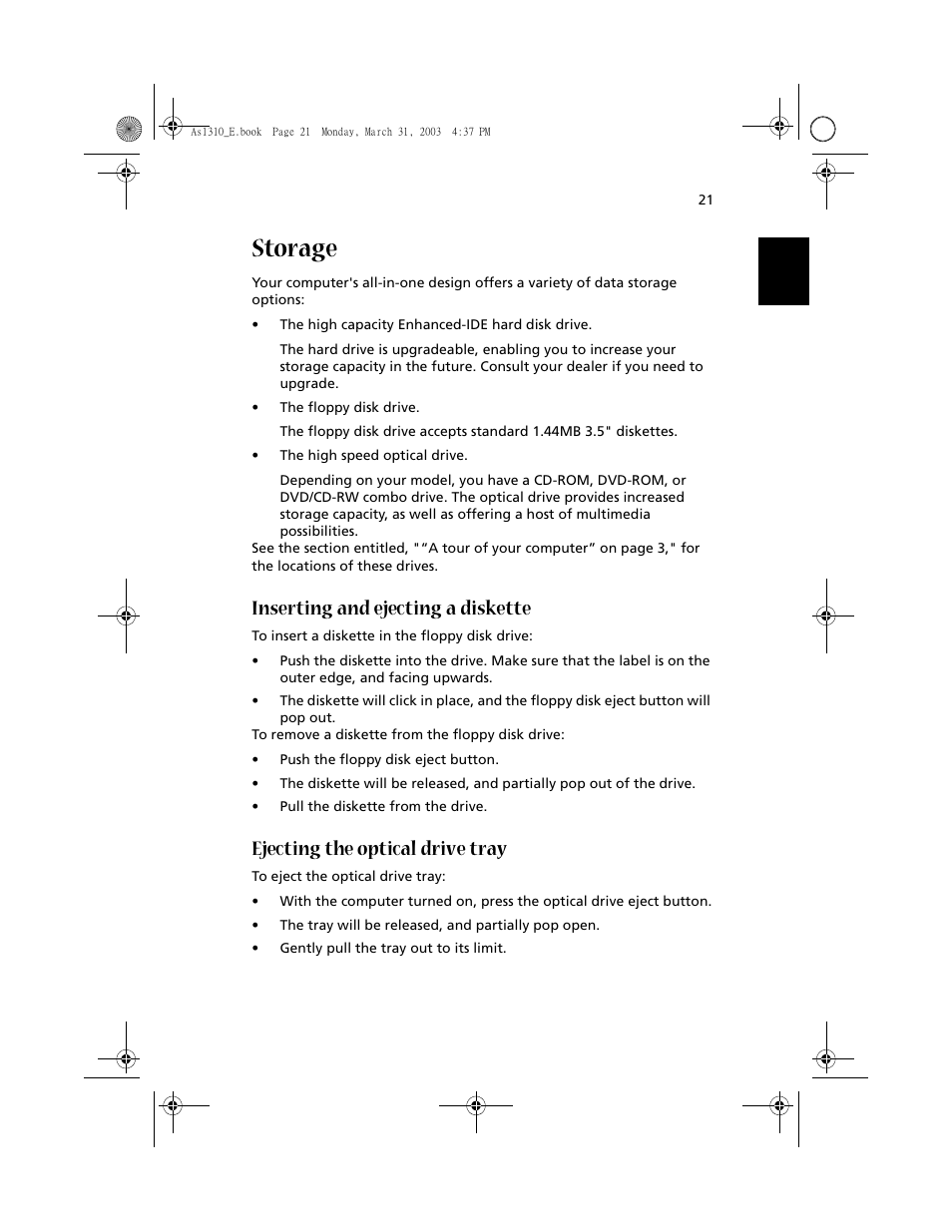 Storage, Inserting and ejecting a diskette, Ejecting the optical drive tray | Acer 1400 Series User Manual | Page 31 / 100