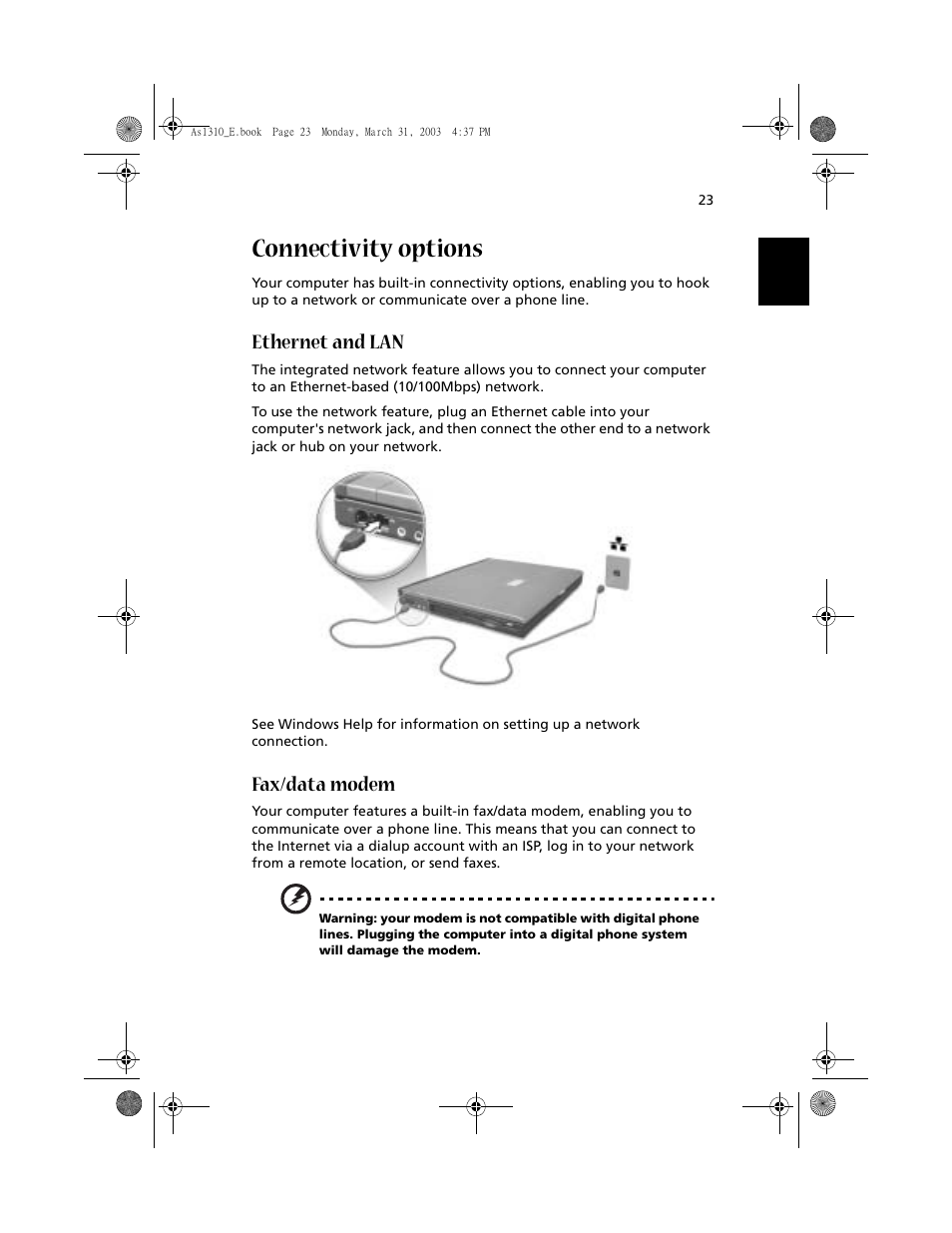 Connectivity options, Ethernet and lan, Fax/data modem | Acer 1400 Series User Manual | Page 33 / 100
