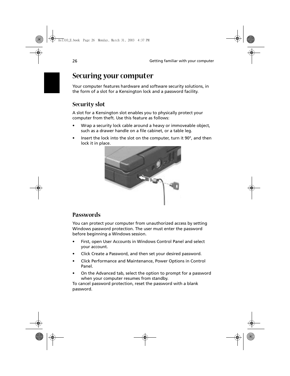 Securing your computer, Security slot, Passwords | Acer 1400 Series User Manual | Page 36 / 100