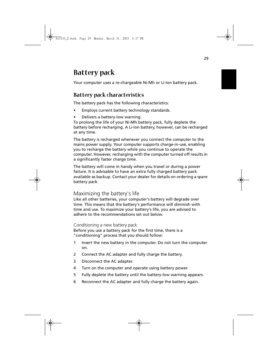 Battery pack, Battery pack characteristics, Maximizing the battery's life | Acer 1400 Series User Manual | Page 39 / 100