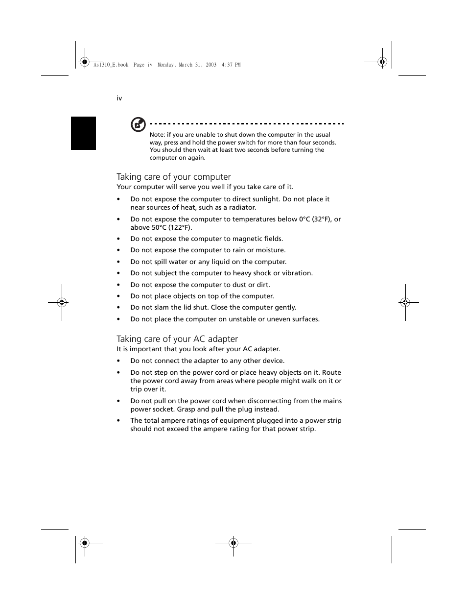 Taking care of your computer, Taking care of your ac adapter | Acer 1400 Series User Manual | Page 4 / 100