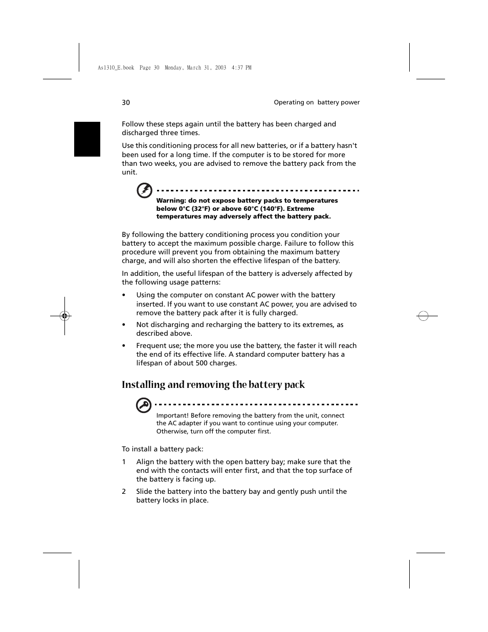 Installing and removing the battery pack | Acer 1400 Series User Manual | Page 40 / 100