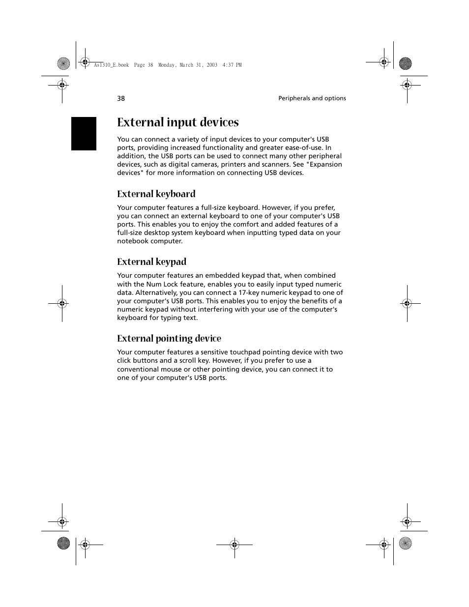 External input devices, External keyboard, External keypad | External pointing device | Acer 1400 Series User Manual | Page 48 / 100