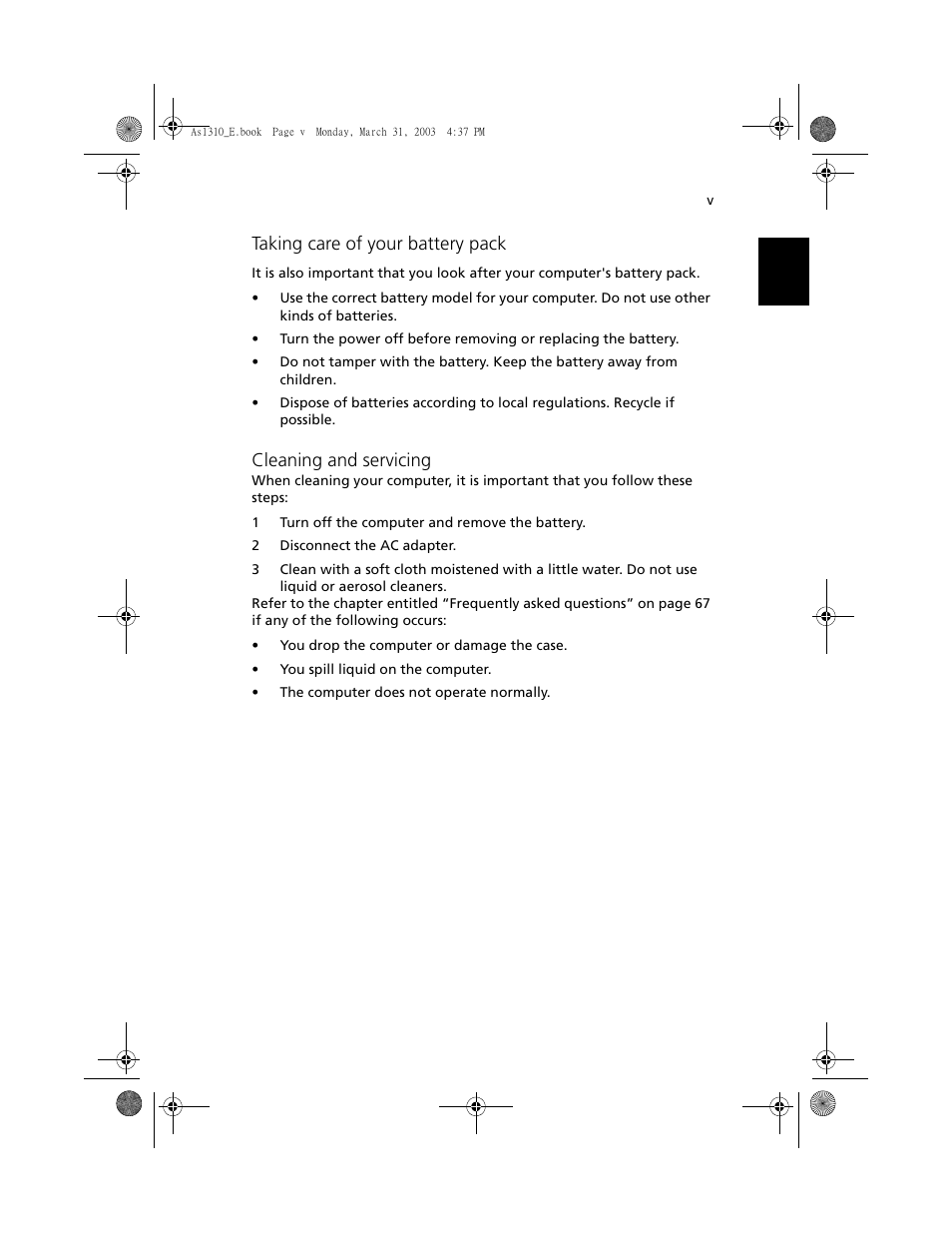 Taking care of your battery pack, Cleaning and servicing | Acer 1400 Series User Manual | Page 5 / 100