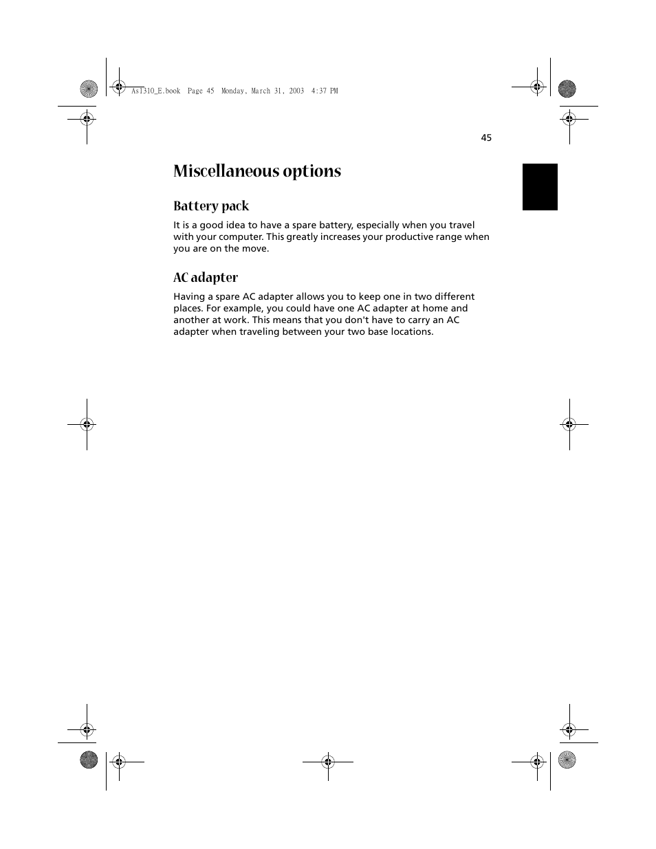 Miscellaneous options, Battery pack, Ac adapter | Acer 1400 Series User Manual | Page 55 / 100