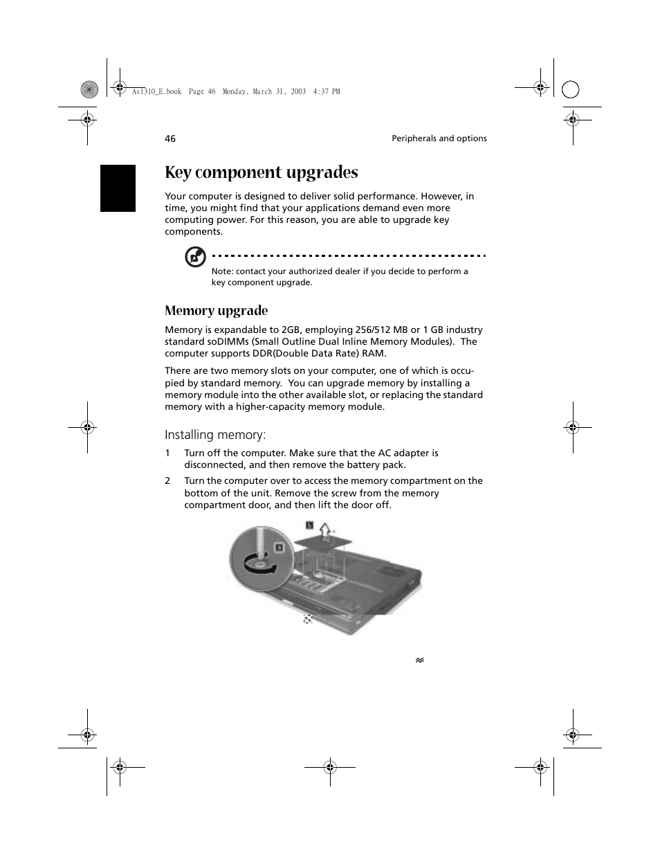 Key component upgrades, Memory upgrade | Acer 1400 Series User Manual | Page 56 / 100