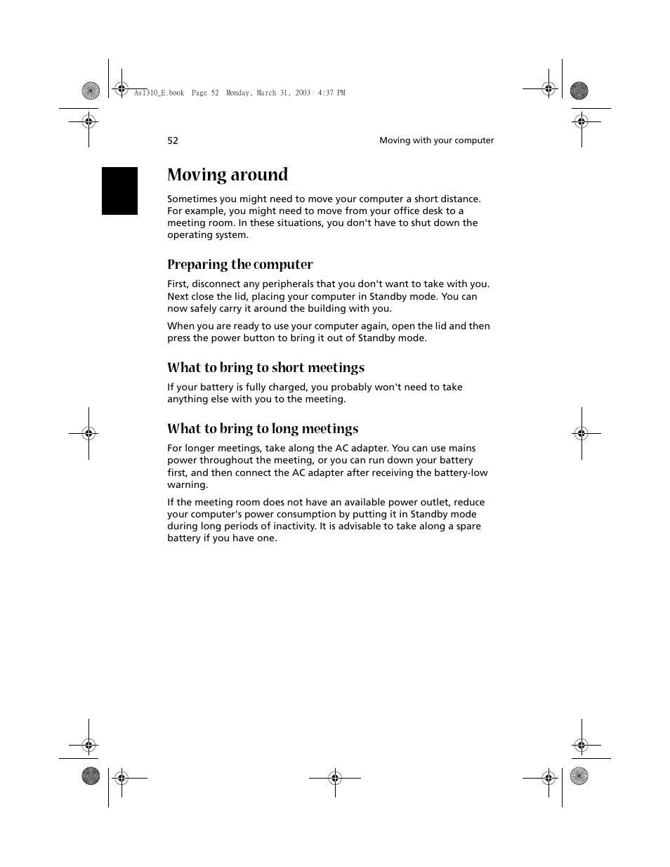 Moving around, Preparing the computer, What to bring to short meetings | What to bring to long meetings | Acer 1400 Series User Manual | Page 62 / 100