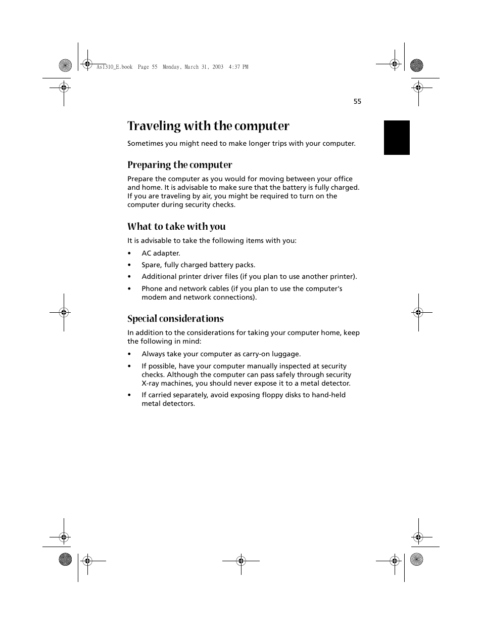 Traveling with the computer, Preparing the computer, What to take with you | Special considerations | Acer 1400 Series User Manual | Page 65 / 100