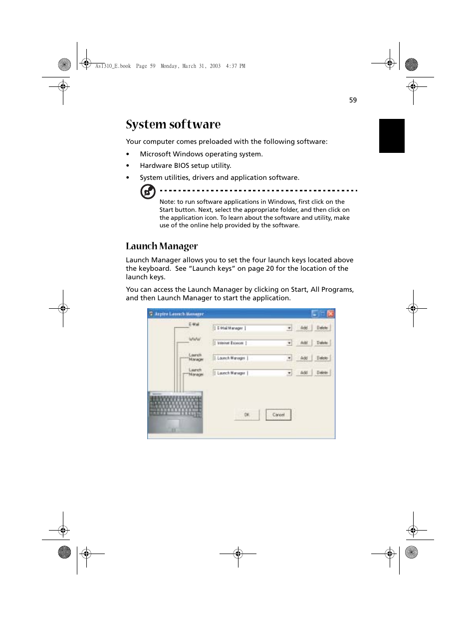 System software, Launch manager | Acer 1400 Series User Manual | Page 69 / 100