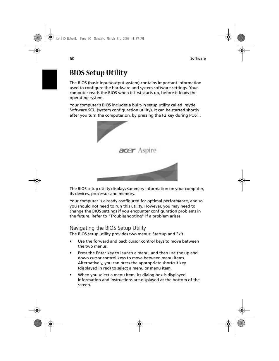 Bios setup utility, Navigating the bios setup utility | Acer 1400 Series User Manual | Page 70 / 100