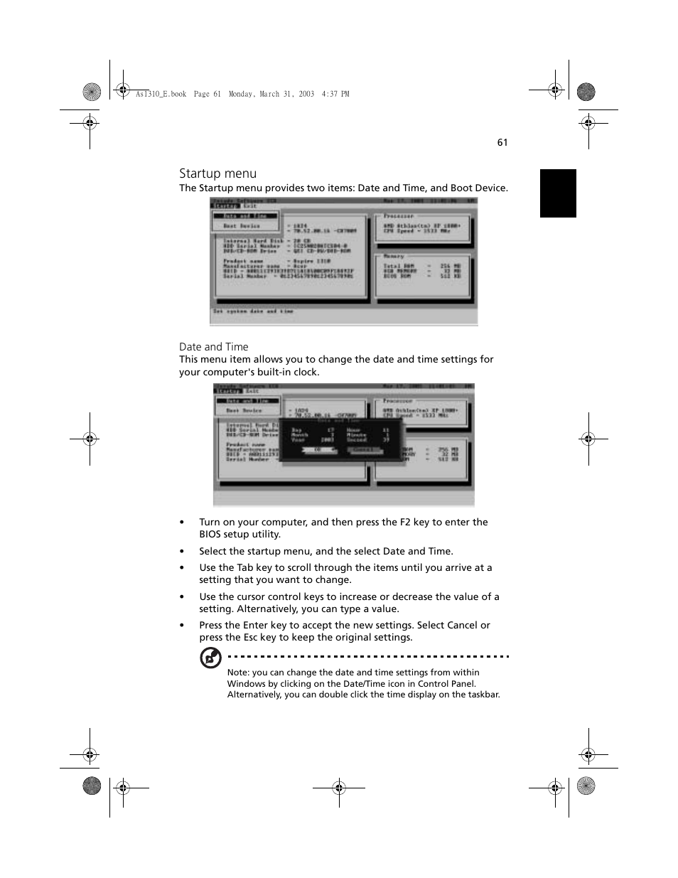 Startup menu | Acer 1400 Series User Manual | Page 71 / 100
